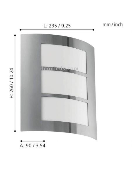 Dimensiones Aplique E27 City exterior sin sensor acero inoxidable  Eglo Iluminación | LeónLeds Iluminación