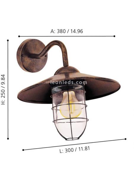 Aplique de pared para exterior color cobre antiguo bombilla E27 Melgoa dimensiones marca Eglo Iluminación | LeónLeds Iluminación