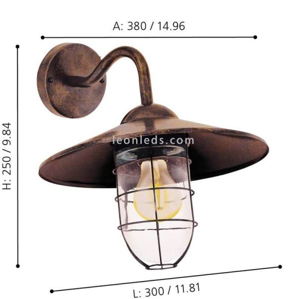 Aplique de pared para exterior color cobre antiguo bombilla E27 Melgoa dimensiones marca Eglo Iluminación | LeónLeds Iluminación