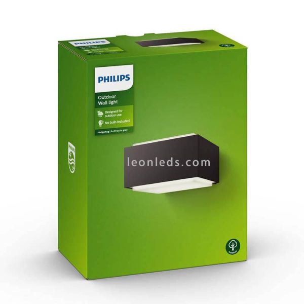 Luminária de parede quadrada Philips Hedgehog para jardins externos, soquete E27, antracite (foto da embalagem) | LeónLeds Light