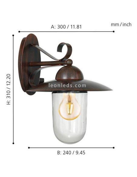 Dimensiones aplique de pared E27 Milton marrón antiguo rústico  | LeonLeds Iluminación