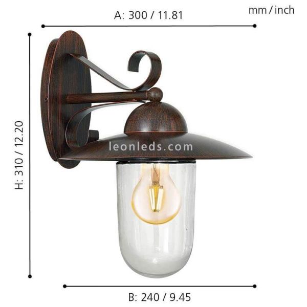 Dimensiones aplique de pared E27 Milton marrón antiguo rústico  | LeonLeds Iluminación