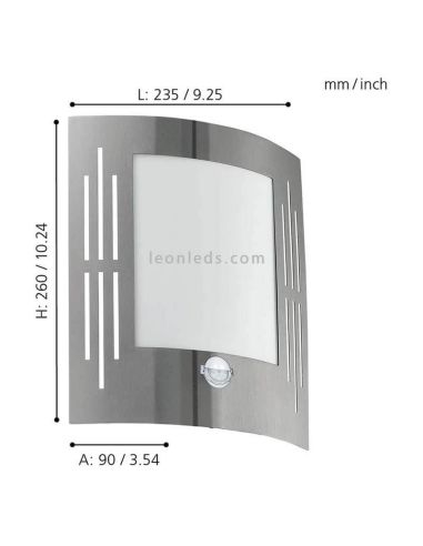 Dimensiones aplique City E27 decorativocon sensor de movimiento Eglo Iluminación  | LeonLeds Iluminación