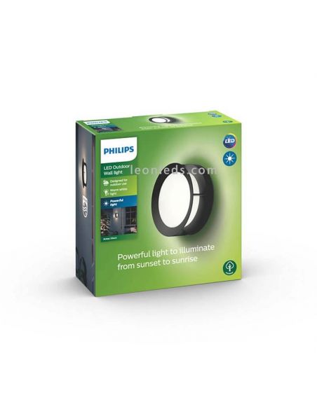 Embalaje aplique LED redondo Actea negro exterior 12W Philips | LeonLeds Iluminación