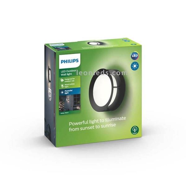 Embalaje aplique LED redondo Actea negro exterior 12W Philips | LeonLeds Iluminación
