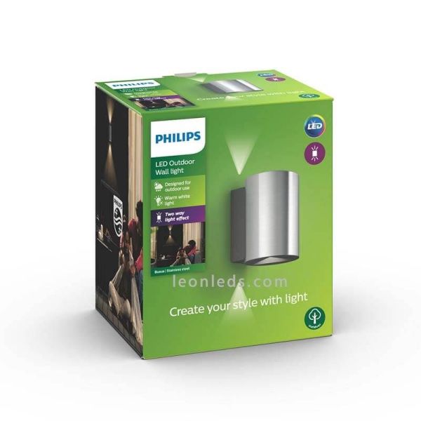 Aplique de pared exterior LED IP44 acero inoxidable Buxus foto del paquete marca Philips | LeonLeds Iluminación