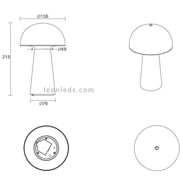 Lámpara pórtatil LED USB para exterior Lennon | LeónLeds Iluminación | lámpara seta blanca medidas