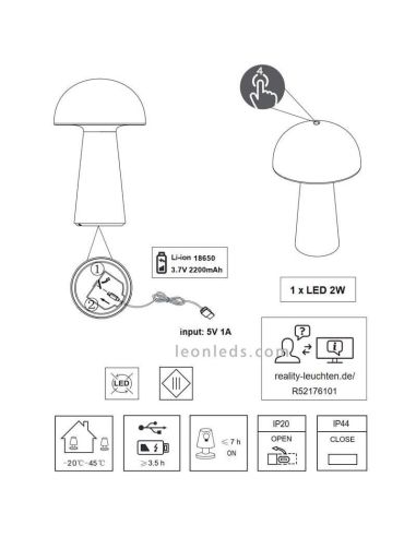 Lámpara pórtatil LED USB para exterior Lennon | LeónLeds Iluminación | lámpara seta negra instrucciones instalación
