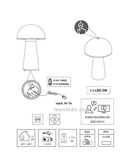 Lámpara pórtatil LED USB para exterior Lennon | LeónLeds Iluminación | lámpara seta negra instrucciones instalación