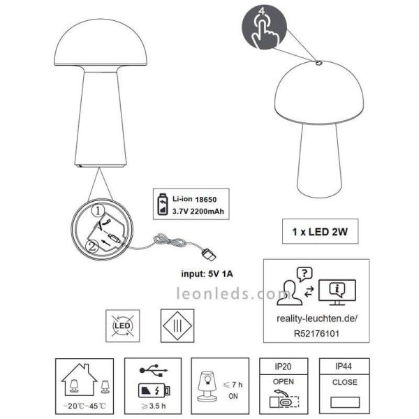 Lámpara pórtatil LED USB para exterior Lennon | LeónLeds Iluminación | lámpara seta negra instrucciones instalación