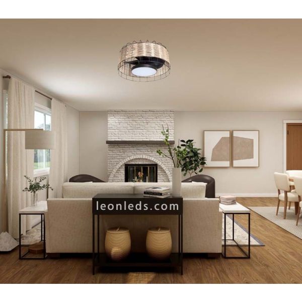 Ventilador de techo LED mimbre para interior color negro serie Mara foto de ambiente MDC | LeonLeds Iluminación