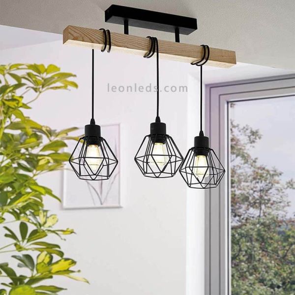 Lámpara de Techo de madera Townshend 5 Vintage 3XE27 foto de ambiente | LeonLeds Iluminación