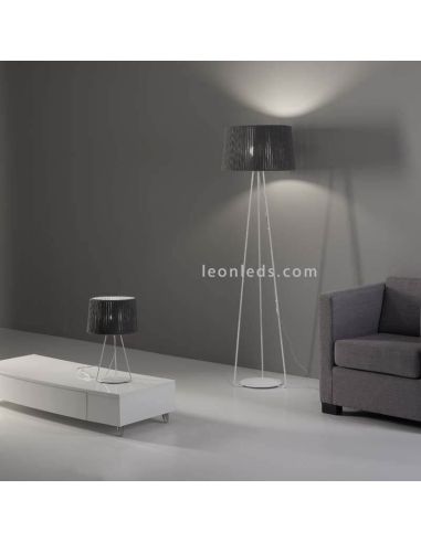 Lámpara con pie alto blanco y cuerda personalizable Drum 1xE27 | LeónLeds Iluminación | Lámpara de salón gris combinable