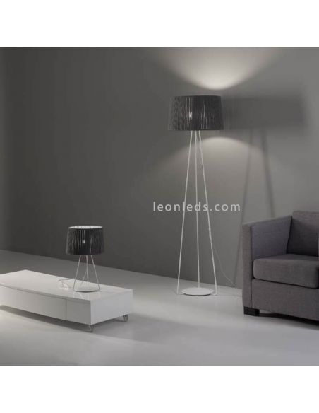 Lámpara con pie alto blanco y cuerda personalizable Drum 1xE27 | LeónLeds Iluminación | Lámpara de salón gris combinable