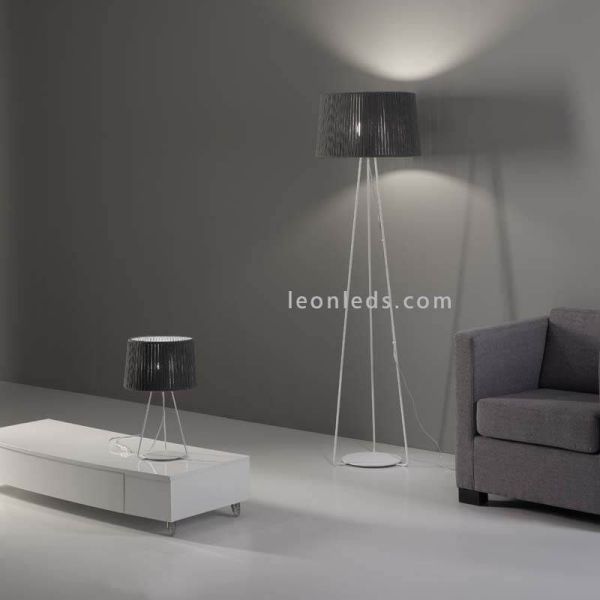 Lámpara con pie alto blanco y cuerda personalizable Drum 1xE27 | LeónLeds Iluminación | Lámpara de salón gris combinable