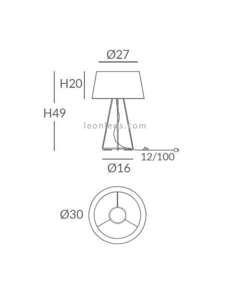Candeeiro de mesa tambor com tripé e corda personalizável 1xE27 | LeónIluminação Leds | medidas