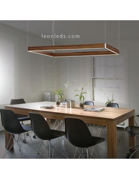 Lámpara LED rectangular en suspensión para techo de diseño Manolo | LeónLeds Iluminación | Lámpara de madera para oficina