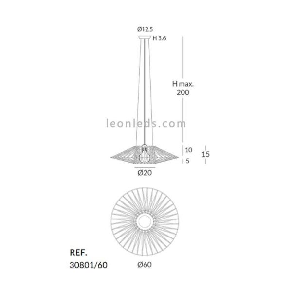 Dimensiones lámpara de techo E27 Bimba cuerda y metal 60cm | Leónleds