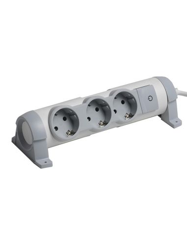 Base Multiple Legrand 3 Enchufes Confort Con cable y interruptor Gris y Blanca con opción para sujetar en pared o mesa con torni