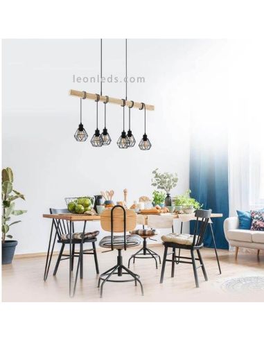 Lámpara de techo vintage de madera y acero Townshend 5 foto de ambiente Eglo Lighting | LeonLeds Iluminación