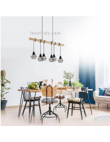 Lámpara de techo vintage de madera y acero Townshend 5 foto de ambiente Eglo Lighting | LeonLeds Iluminación