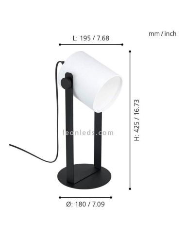 Lámpara de mesa Hornwood blanca y negra dimensiones| LeonLeds