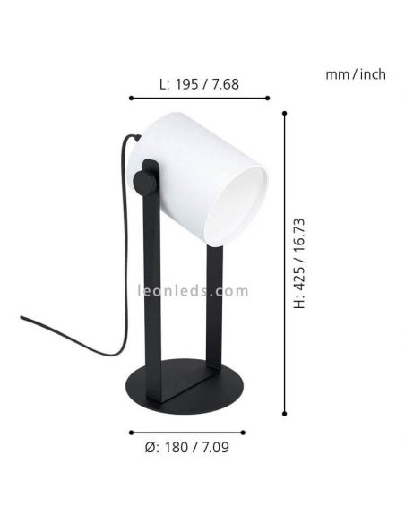 Lámpara de mesa Hornwood blanca y negra dimensiones| LeonLeds