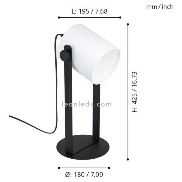 Lámpara de mesa Hornwood blanca y negra dimensiones| LeonLeds