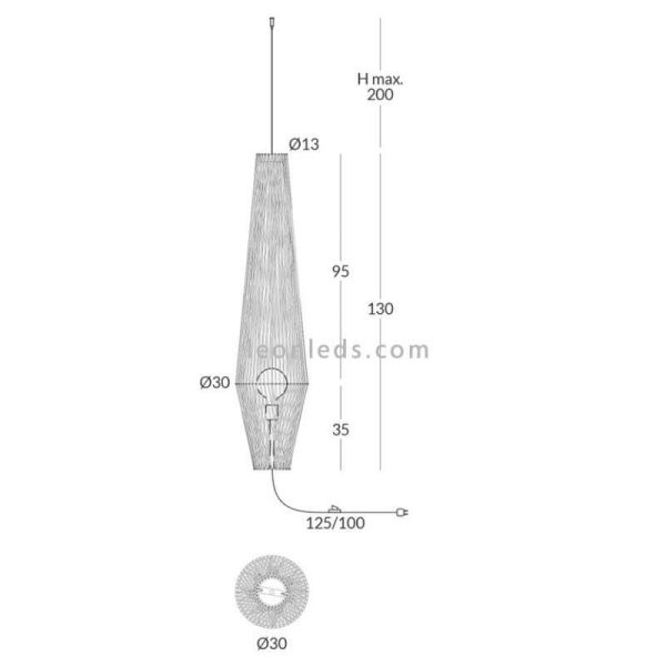 Dimensions de la suspension Bimba avec douille de pied et interrupteur long | leonleds