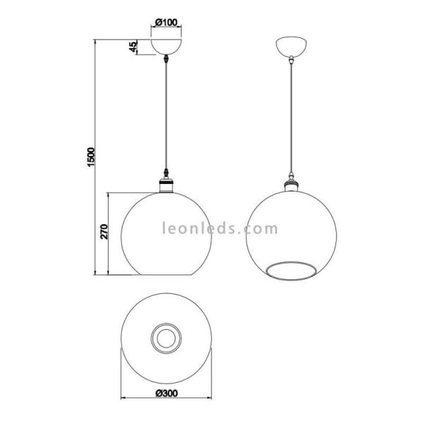 Dimensions Suspension boule bronze et verre nickel Dino | Éclairage Léonleds