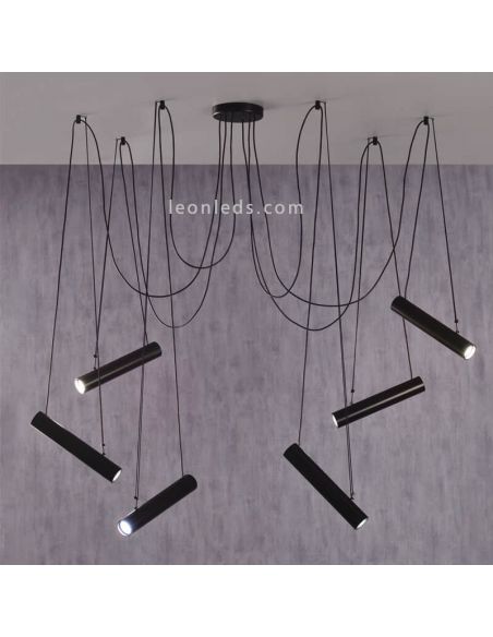 Lámpara colgante con pantallas cilíndricas regulables Pepo | LeónLeds Iluminación | Lámpara de techo 6 focos comedor
