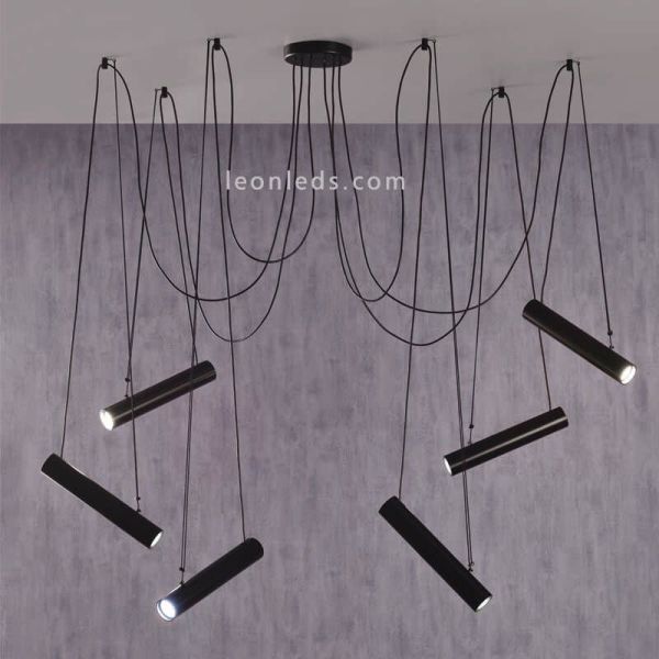 Luminária pendente com abajures cilíndricos orientáveis Pepo | LeónIluminação Leds | Luminária de teto 6 focos sala de jantar