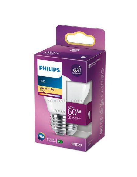 Bombilla LED esférica E27 mate 6,5W – 60W Philips 2700K foto de la caja | LeonLeds Iluminación