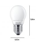 Bombilla LED esférica E27 mate 6,5W – 60W Philips 2700K dimensiones bombilla | LeonLeds Iluminación