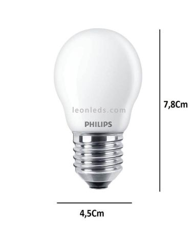 Bombilla LED esférica E27 mate 6,5W – 60W Philips 2700K dimensiones bombilla | LeonLeds Iluminación