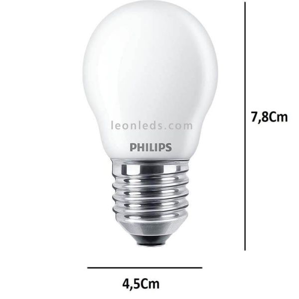 Bombilla LED esférica E27 mate 6,5W – 60W Philips 2700K dimensiones bombilla | LeonLeds Iluminación