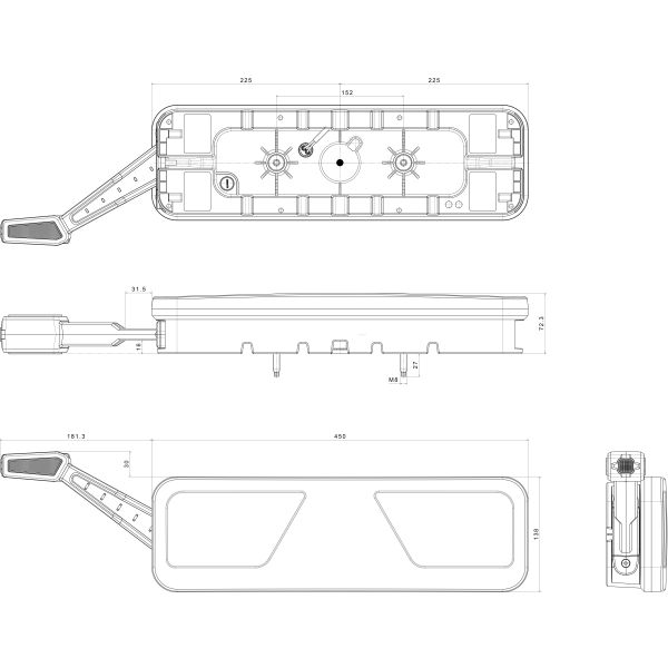 Dimensiones Piloto trasero LED con cuerno y triangulo FT-700 con cable Fristom FT-100 | LeonLeds
