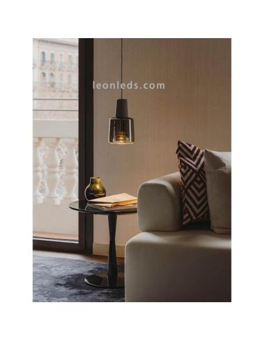 Suspension LED en cristal de style oriental Khoi | Éclairage LeónLeds | Lampe en verre gris ciment dans le salon