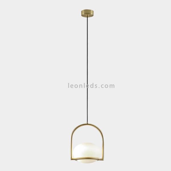 Lámpara colgante de metal con esfera moldeada blanca Coco E14 | LeónLeds Iluminación | Lámpara dorada