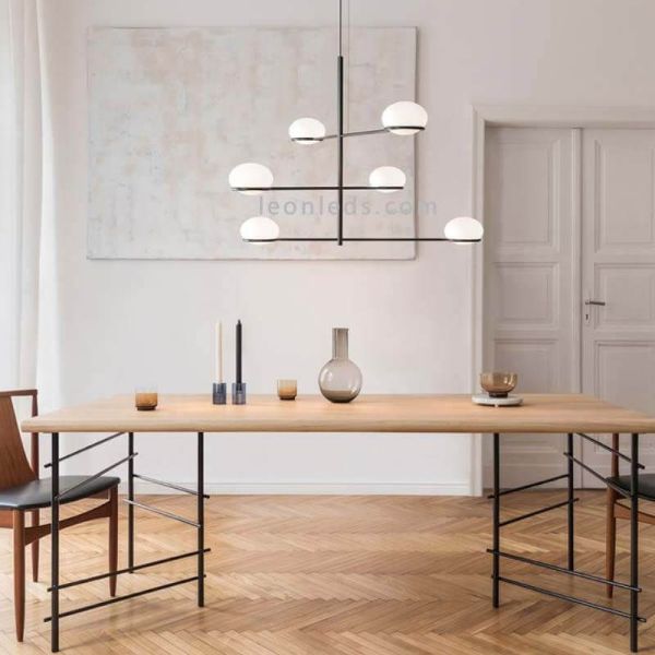 Lámpara colgante de metal con esfera moldeada blanca Coco E14 | LeónLeds Iluminación | Lámpara 6 luces comedor