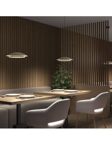 Lámpara LED colgante doble pantalla metálica y dos tamaños Noway | LeónLeds Iluminación | Dorada pequeña para restaurante