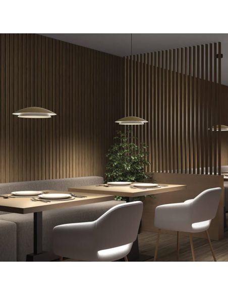 Lámpara LED colgante doble pantalla metálica y dos tamaños Noway | LeónLeds Iluminación | Dorada pequeña para restaurante