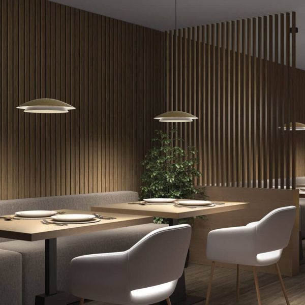 Lámpara LED colgante doble pantalla metálica y dos tamaños Noway | LeónLeds Iluminación | Dorada pequeña para restaurante