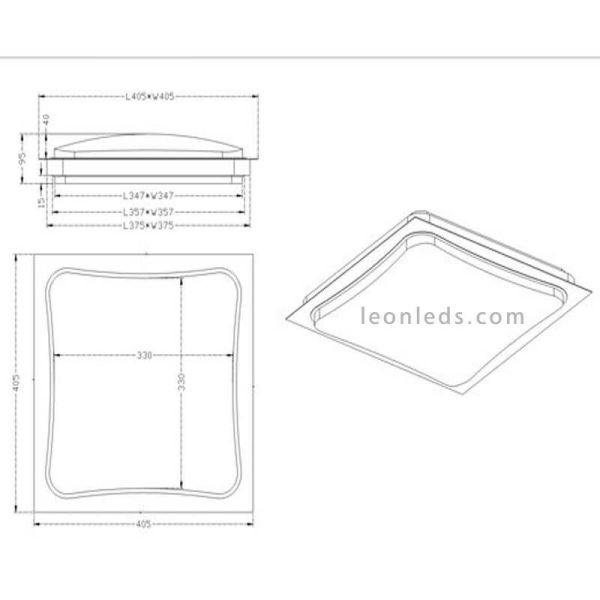 Dimensiones del Plafón LED de techo cuadrado de color blanco y metal | LeonLeds Iluminación
