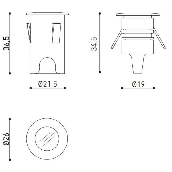 Dibujo dimensional de la baliza de suelo Step XS de Arkoslight | Leonleds