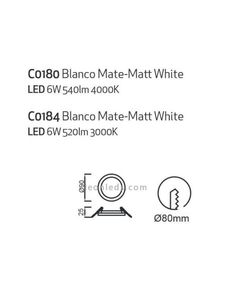 Downlight LED redondo Saona 6W tamanho pequeno 9Cm | LeónIluminação Leds | Downlight com dois tons de luz