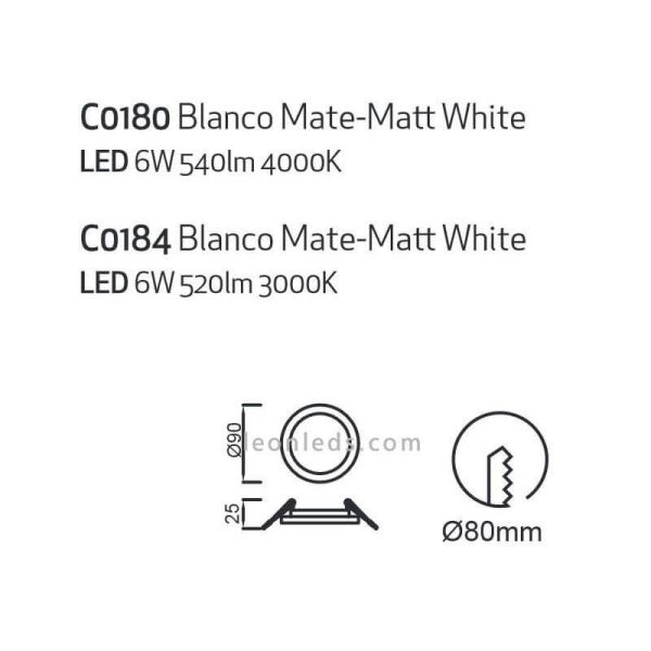 Downlight LED redondo Saona 6W tamaño pequeño 9Cm | LeónLeds Iluminación | Downlight con dos tonalidades de luz
