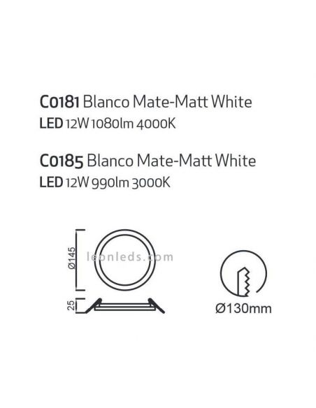 Downlight LED redondo tamaño mediano 14,5Cm Saona 12W | LeónLeds Iluminación | Downlight con dos tonalidades de luz