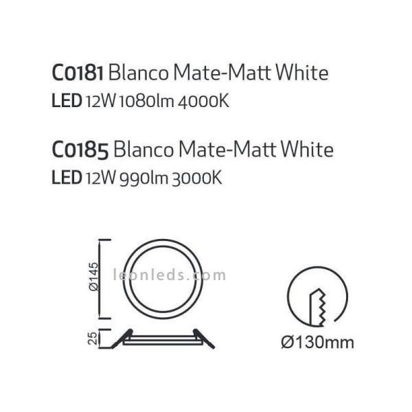 Downlight LED redondo tamaño mediano 14,5Cm Saona 12W | LeónLeds Iluminación | Downlight con dos tonalidades de luz