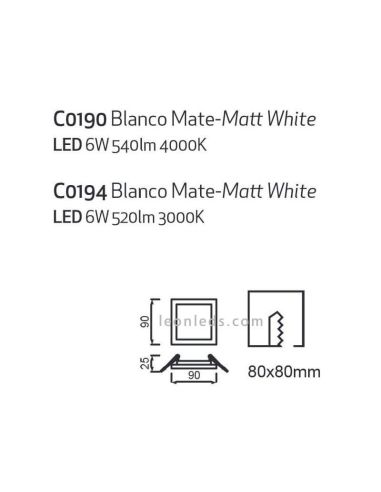 Downlight LED cuadrado Saona 6W tamaño pequeño 9Cm | LeónLeds Iluminación | Downlight con dos tonalidades de luz